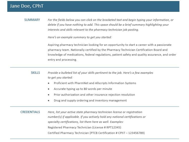 Resume for pharmacy technicians